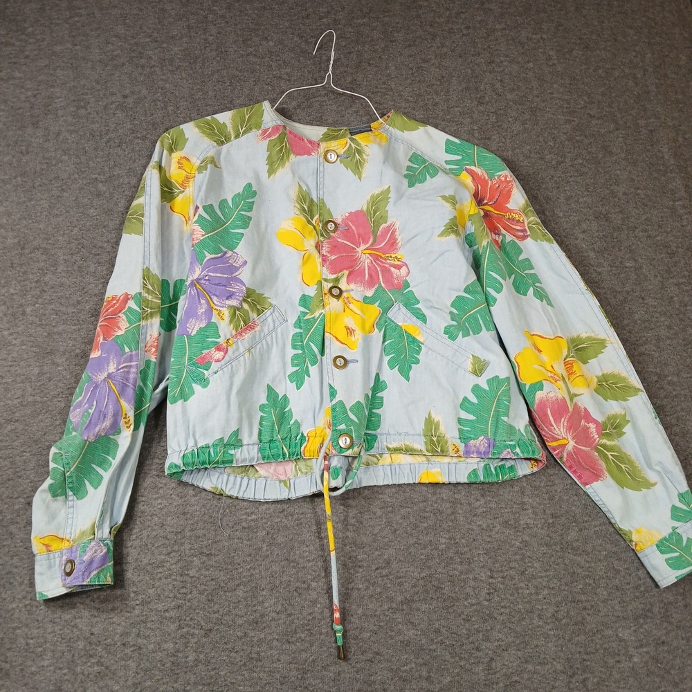 Lizwear Vintage Tropical Hibiscus Floral Cotton Bomber Jacket Blue Womens Medium